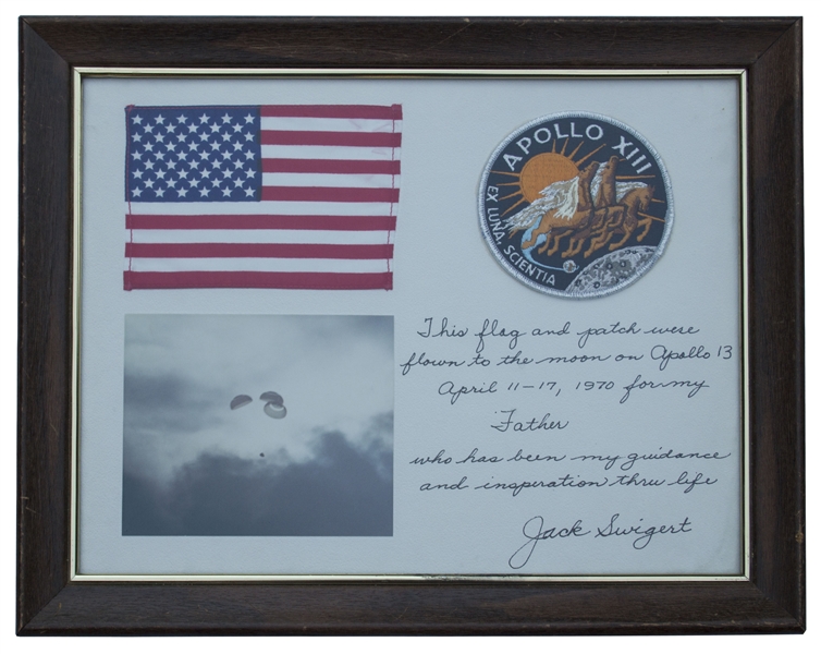 U.S. Flag and Apollo 13 Patch Both Flown to the Moon by Jack Swigert -- Signed & Gifted by Swigert to His Father, ''who has been my guidance and inspiration thru life''